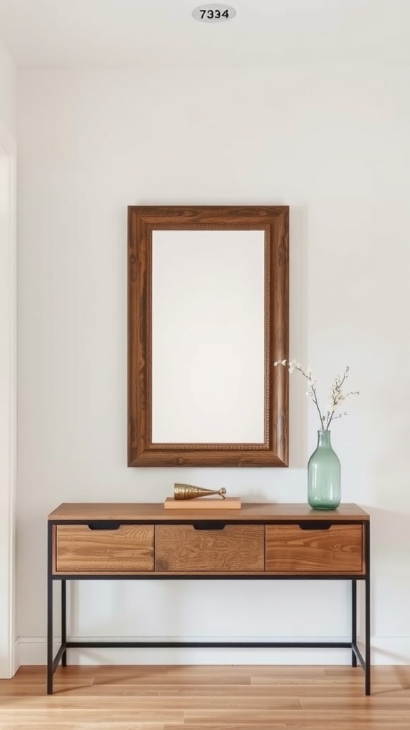 A vintage mirror with a wooden frame above a wooden console table in a minimalist entryway.