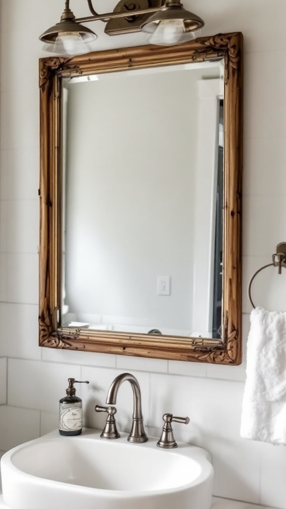 A vintage mirror with a wooden frame above a sink in a bathroom.