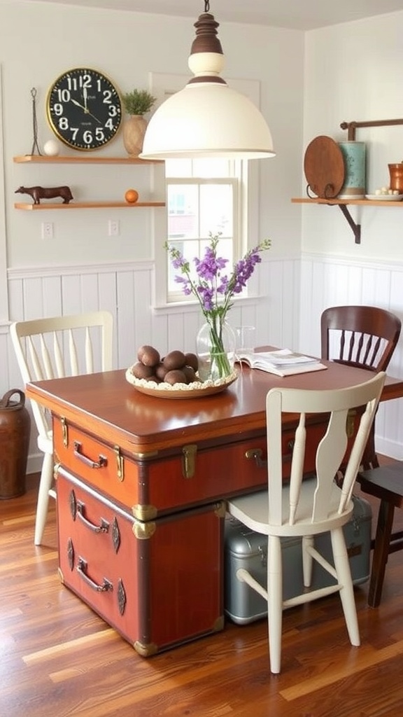 A kitchen table featuring a vintage suitcase as a decorative element, surrounded by two chairs and a small basket.