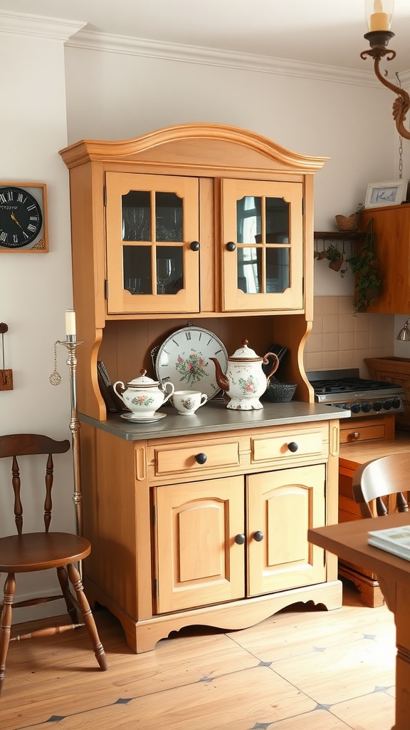 A vintage tea set displayed on a wooden hutch in a cozy cottage kitchen