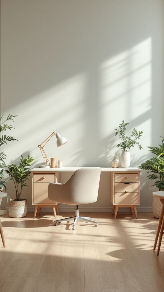 A cozy office space with vintage furniture and plants.