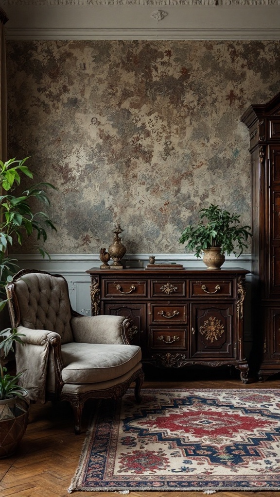 A vintage living room with a plush armchair, ornate wooden furniture, and a decorative rug.
