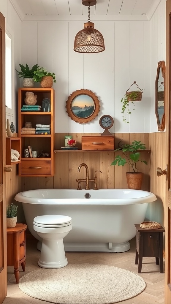 A cozy bathroom featuring vintage wooden furniture, including shelves and cabinets, a white bathtub, and green plants.