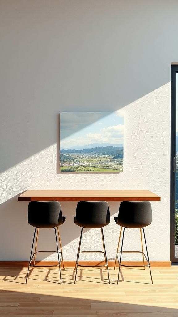 A sleek wall-mounted table with three black stools and a scenic view painting above.