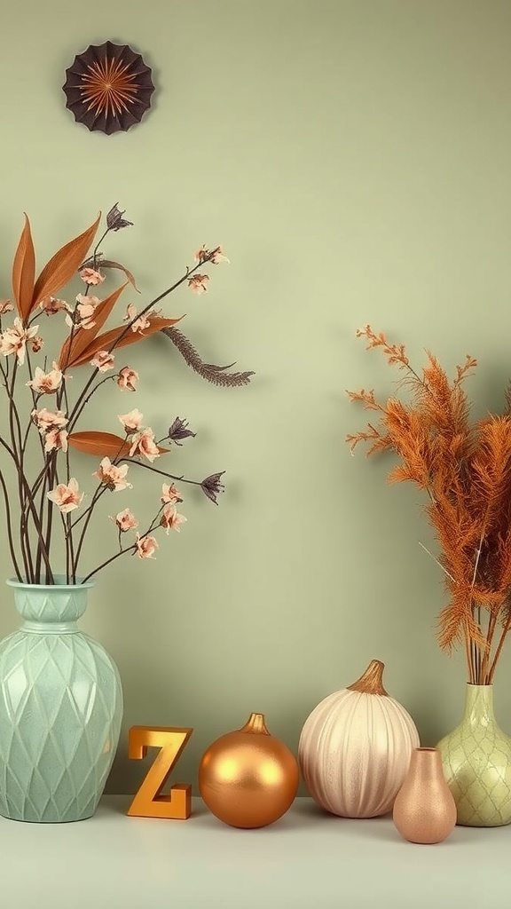 A display of warm-toned vases and flowers against a sage green background.