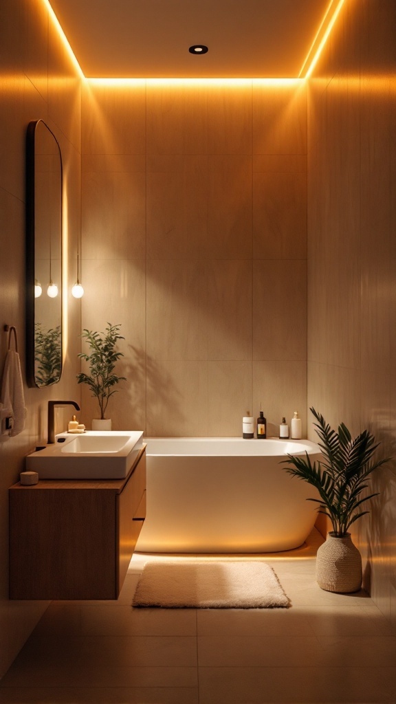 A warm and inviting bathroom with ambient lighting, featuring a bathtub, sink, and plants.