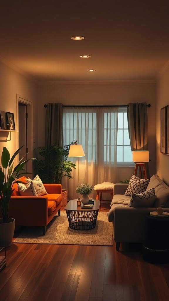 A warm and inviting small living room with soft lighting, cozy furniture, and plants.