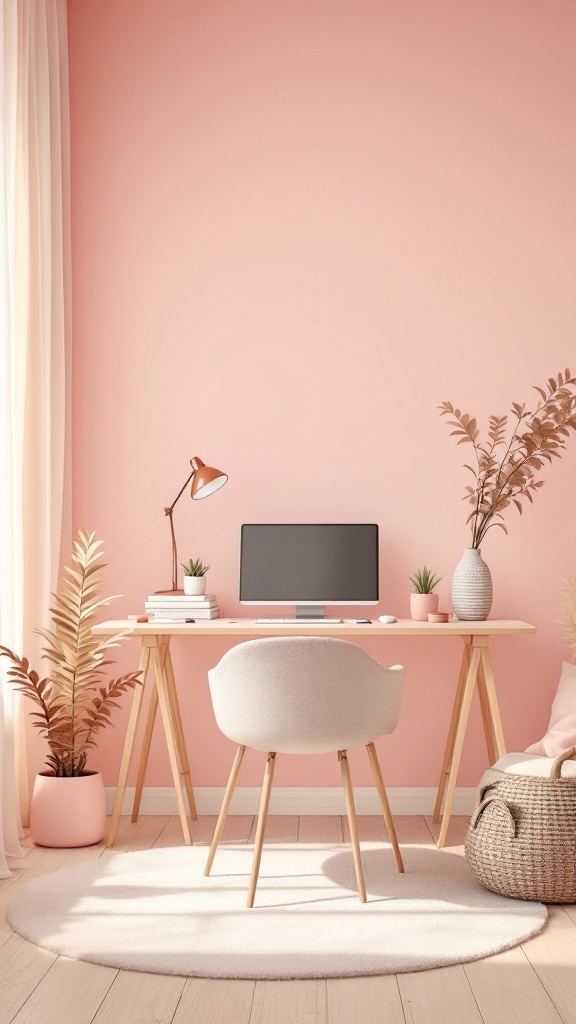 A cozy office space with a soft pink wall, a wooden desk, and indoor plants.