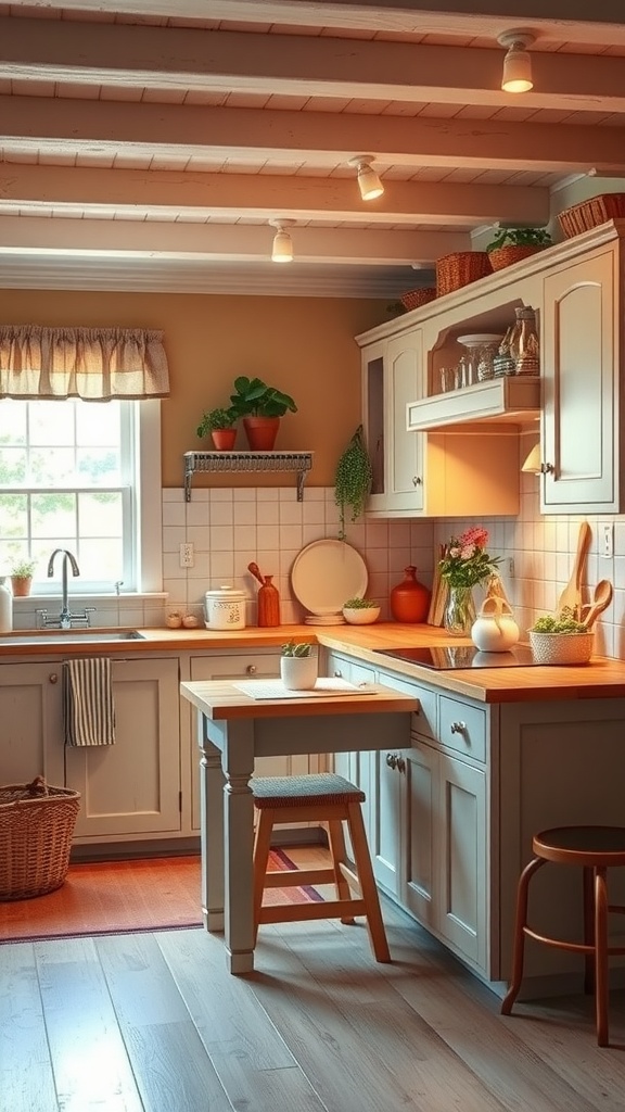 Cozy cottage kitchen with warm colors and soft lighting.