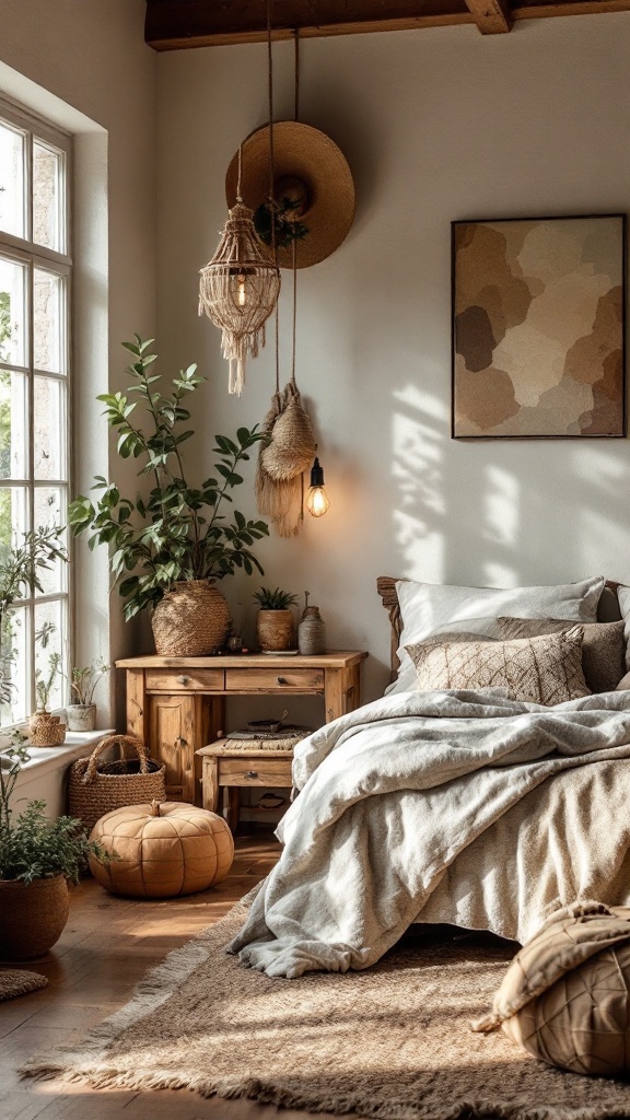 A cozy boho farmhouse bedroom with earthy tones, featuring plants and warm lighting.