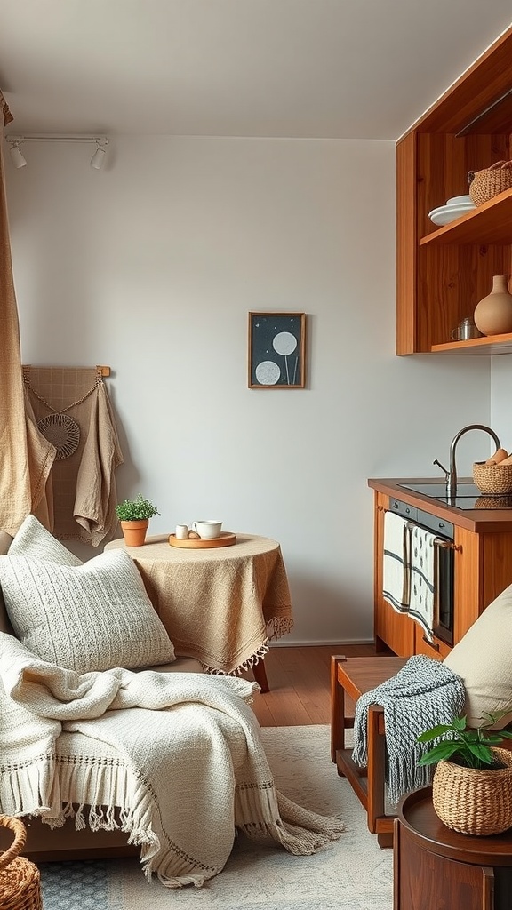 Cozy living room kitchen combination with warm textiles.