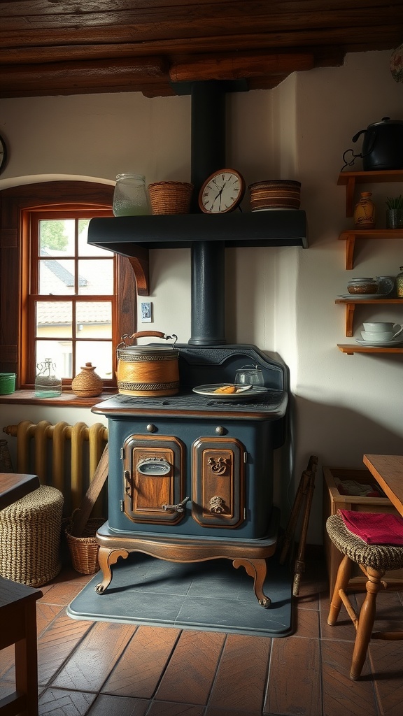 Wood-burning stove in a cozy cottage kitchen