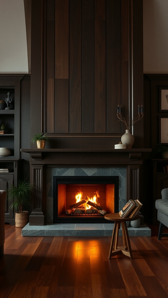 A modern fireplace with a warm glow, surrounded by stylish decor in a cozy living room.