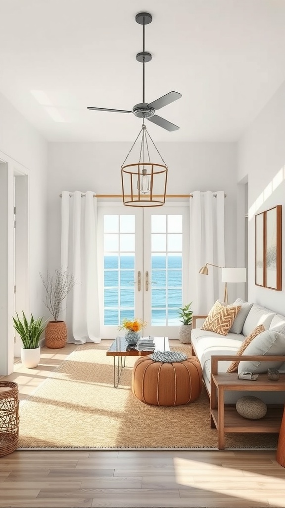 A bright coastal cottage living room with natural light, comfortable seating, and coastal decor.