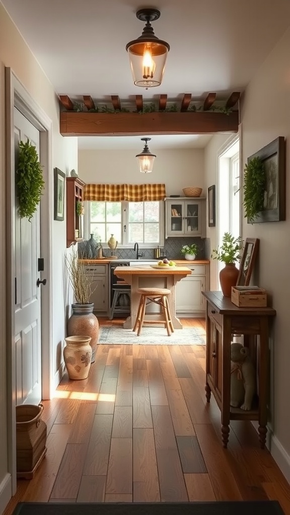 A cozy cottage kitchen entryway with warm lighting, wooden floors, and inviting decor.