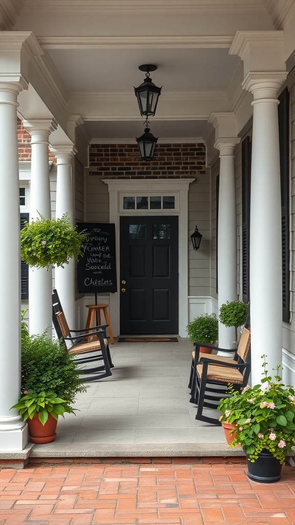 Welcoming front porch featuring rocking chairs and potted plants.