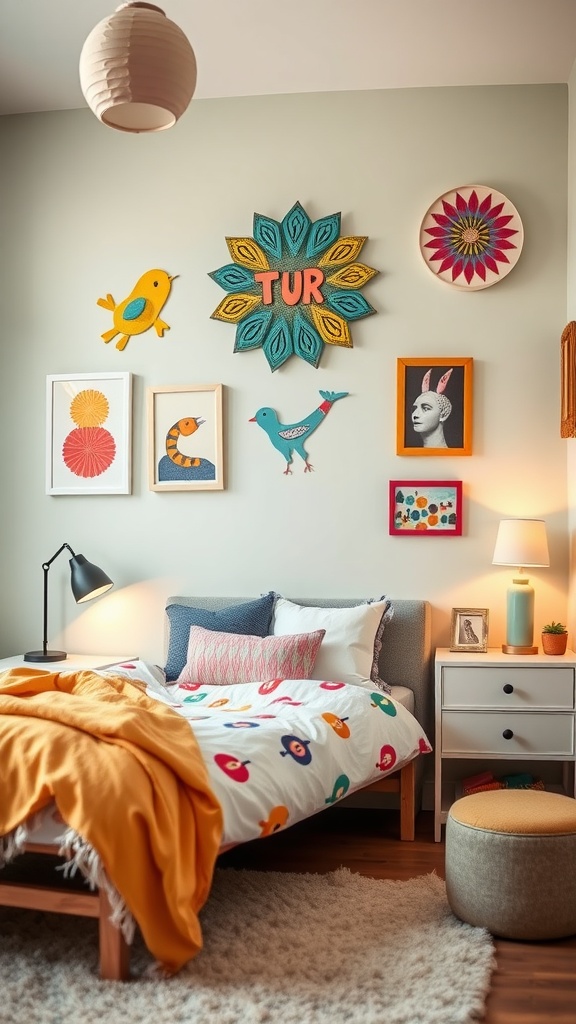 A cozy bedroom featuring whimsical accessories like colorful plush toys, cheerful wall art, and a vibrant atmosphere.