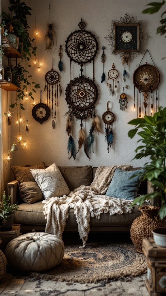 A cozy living room featuring dreamcatchers, vintage clocks, and decorative elements against a warm backdrop.