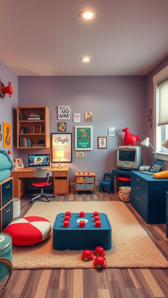 A colorful and playful teen boy's bedroom with fun decor and furniture.