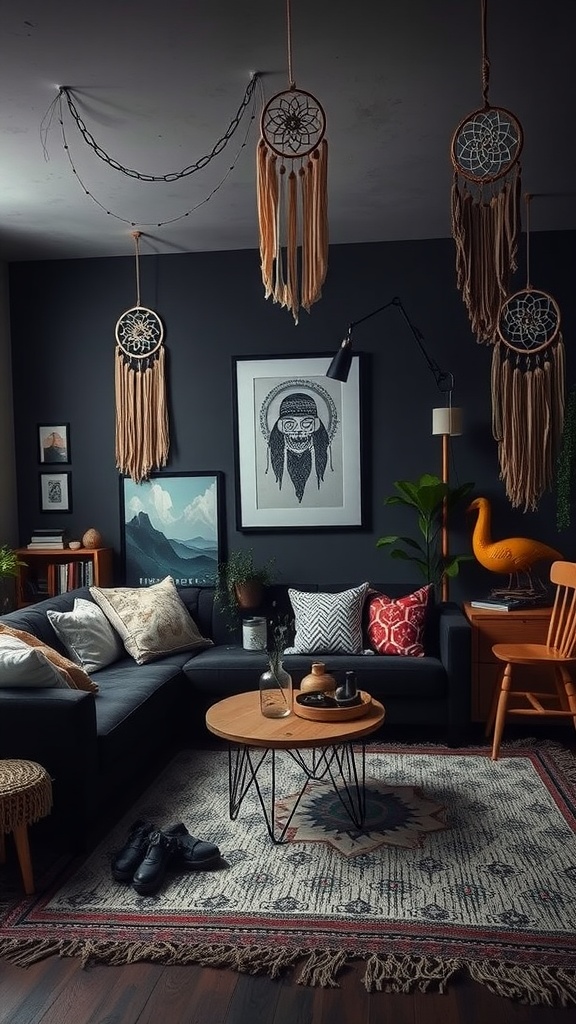 A cozy dark boho living room with dreamcatchers, unique decor, and a comfy sofa.