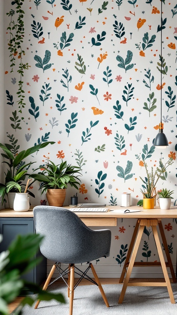 A cozy office space with whimsical floral wallpaper, plants, and a wooden desk.
