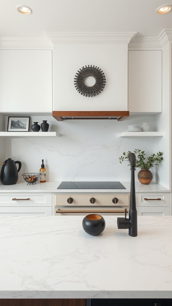 Modern kitchen with white countertops and dark accents.