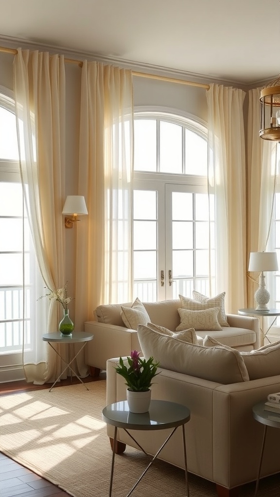 Coastal cottage living room with light curtains and natural decor