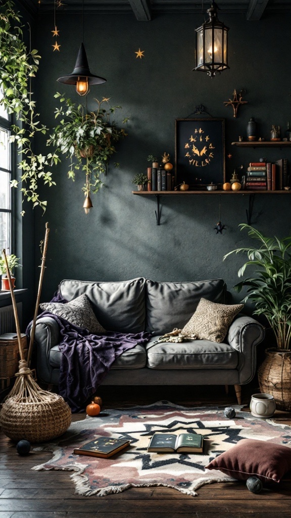 A stylish living room featuring witch-themed decor including cozy throws, mystical wall art, and decorative items.