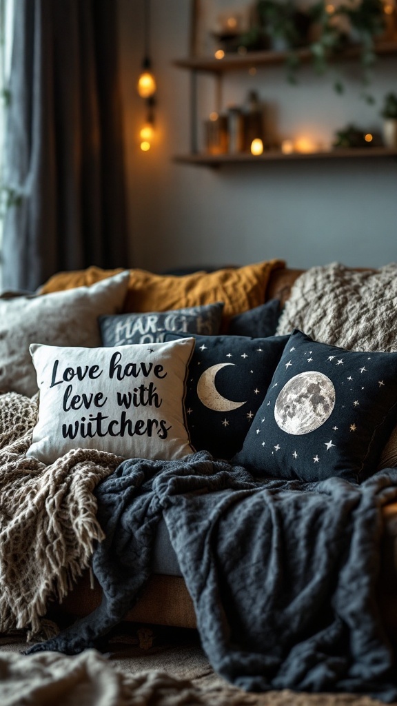 A cozy living room with witchy-themed pillows featuring moons, stars, and quotes.