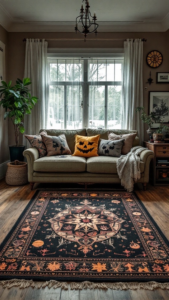 A witchy-themed rug with intricate designs in a living room setting.