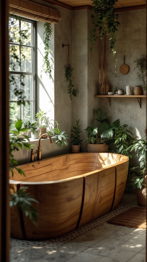 A serene bathroom featuring a wooden bathtub surrounded by greenery and natural decor.