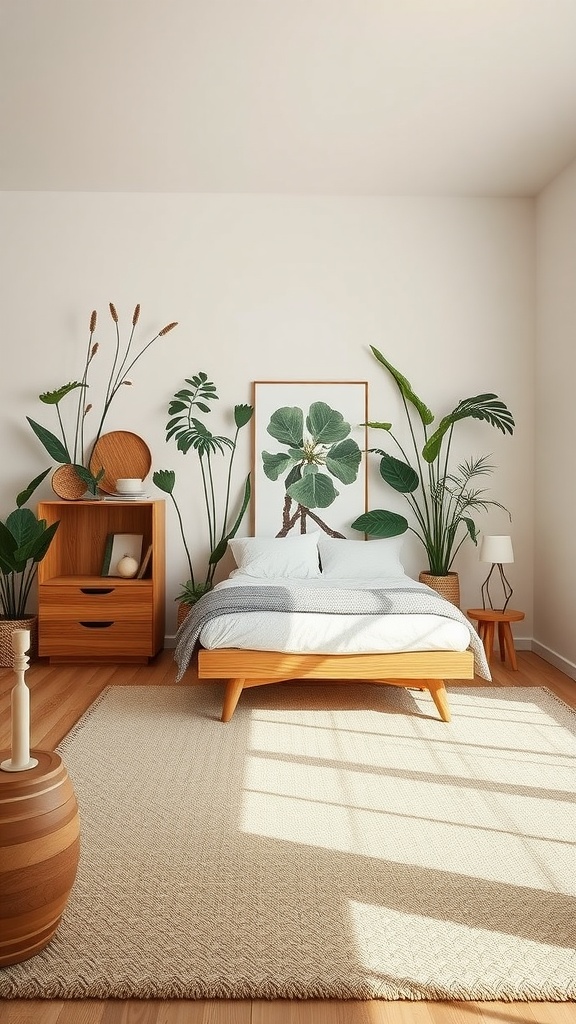 A cozy bedroom featuring wooden furniture with organic shapes, surrounded by plants.