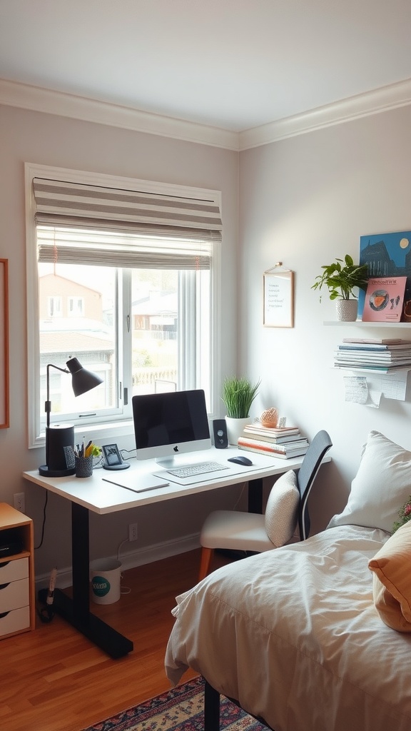 A cozy guest bedroom with a workspace featuring a desk, chair, and computer, showcasing work-life balance.