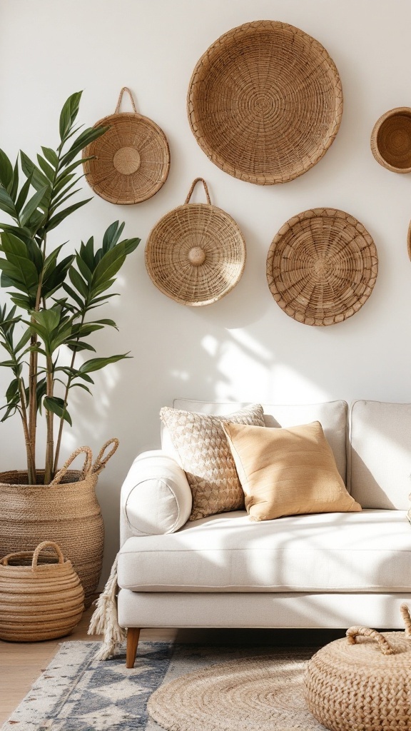 A cozy living room with woven baskets, natural elements, and a comfortable sofa.