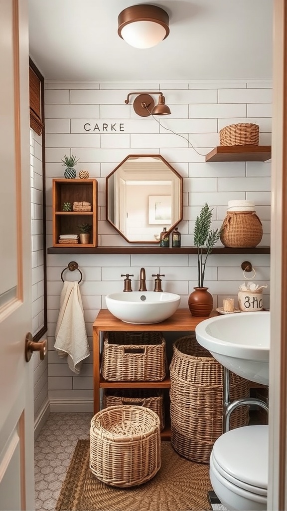 A stylish bathroom featuring woven baskets for storage, a wooden vanity, and a modern sink.