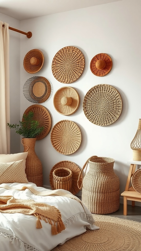 A cozy boho bedroom featuring woven baskets for storage, showcasing a warm and inviting design.
