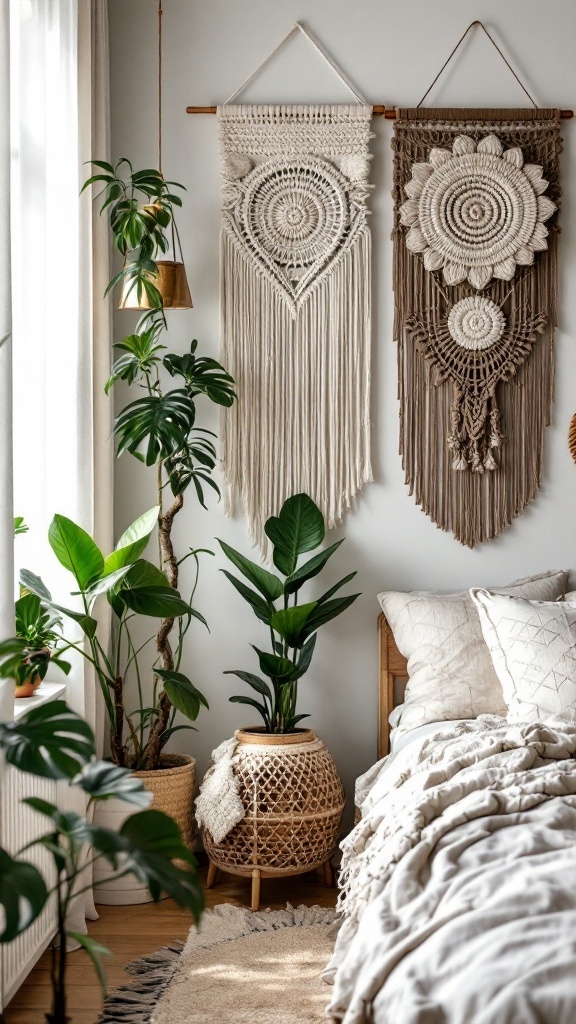 Boho farmhouse bedroom featuring woven wall hangings and plants.