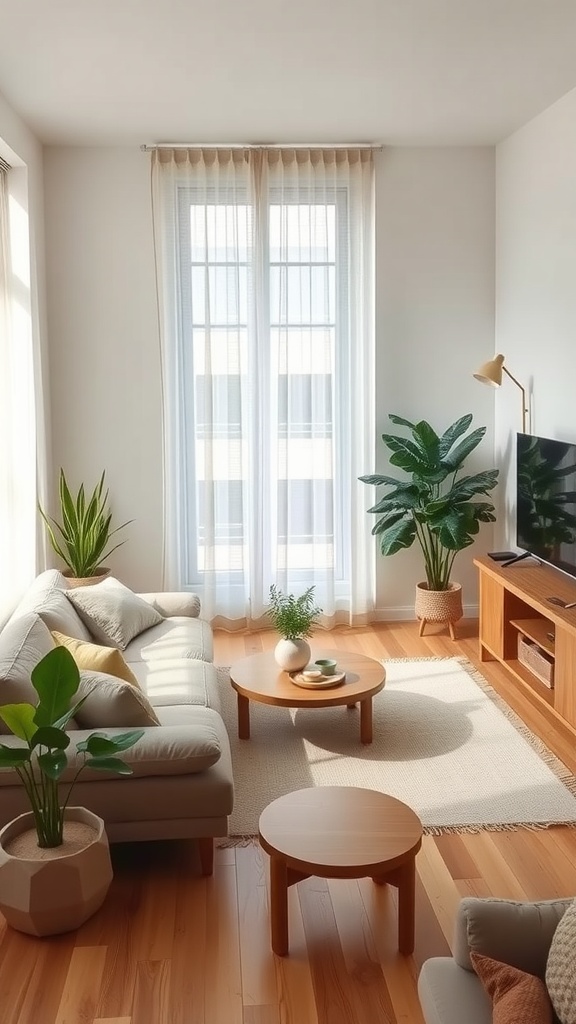 Modern small living room with soft furnishings, natural light, and plants.