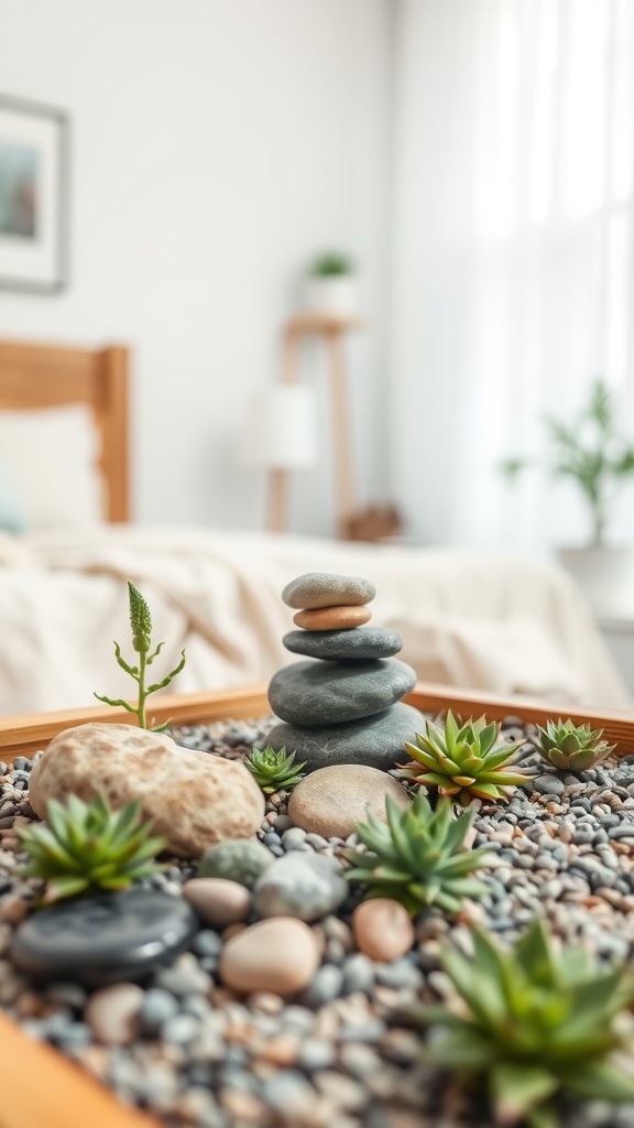 A cozy bedroom with a mini zen garden featuring stones and succulents.
