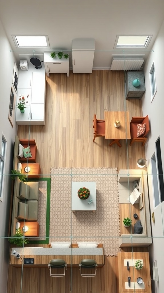 A beautifully designed small living room and kitchen combination showcasing zoned spaces.