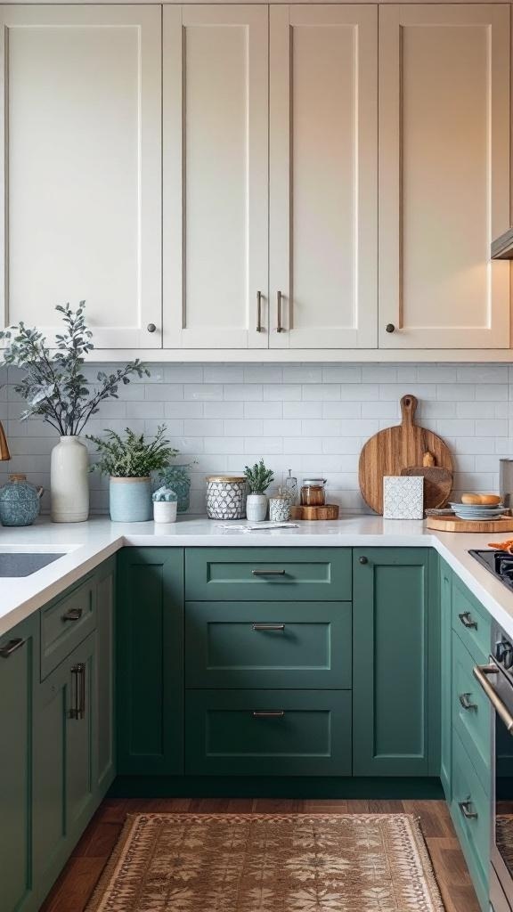 A stylish kitchen featuring green and white cabinets with decorative items on the countertop.