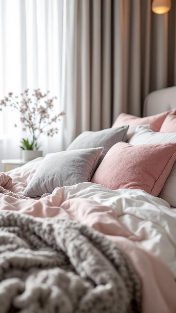 A cozy bed with pink and grey accent pillows