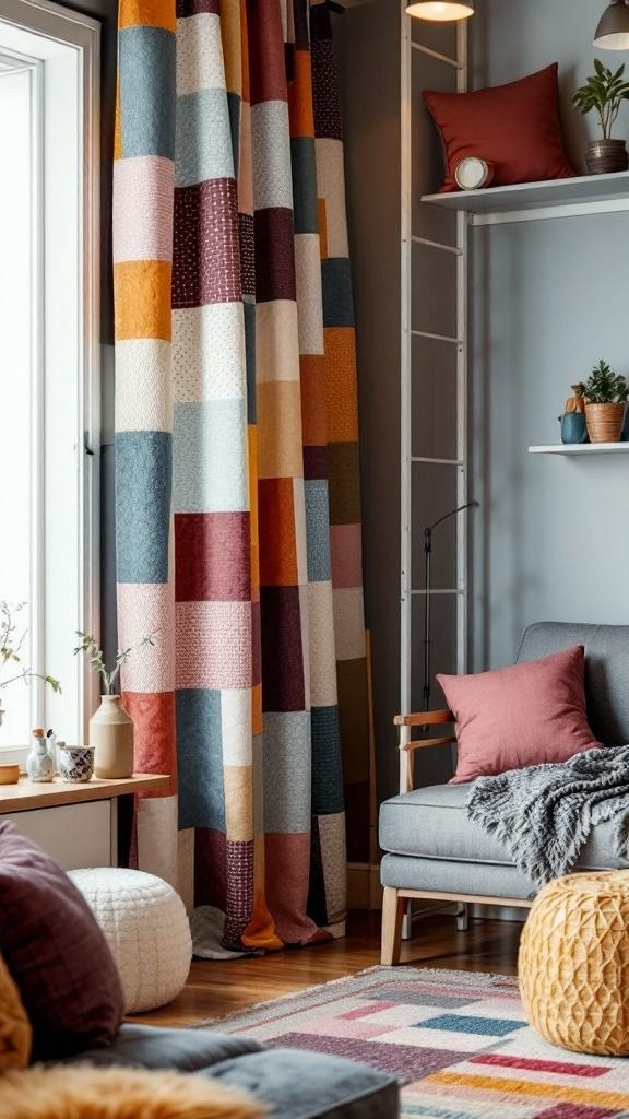 Colorful patch curtains in a stylish living room setting.
