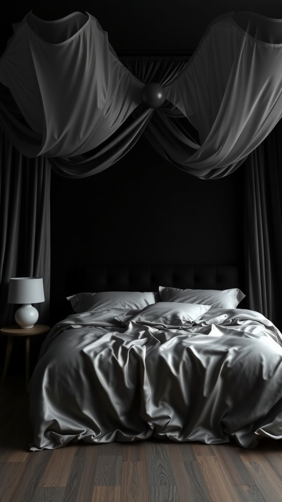 A cozy black bedroom featuring silk bedding and drapes.