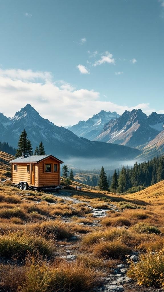 A tiny wooden house on wheels surrounded by mountains and greenery.
