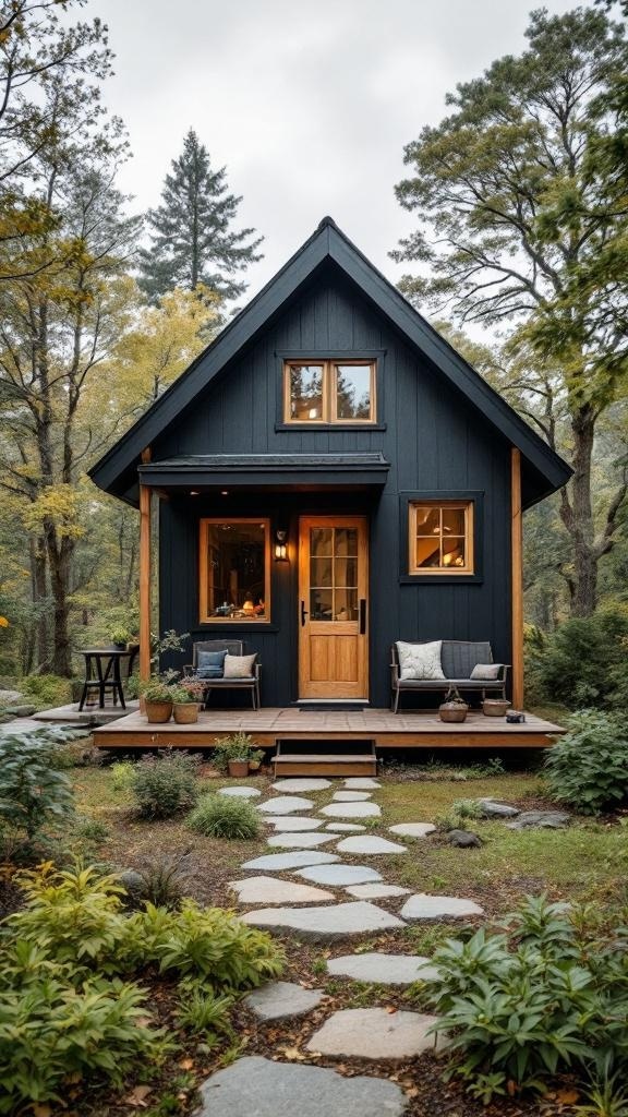 A tiny house with a dark exterior and wooden accents, surrounded by greenery.