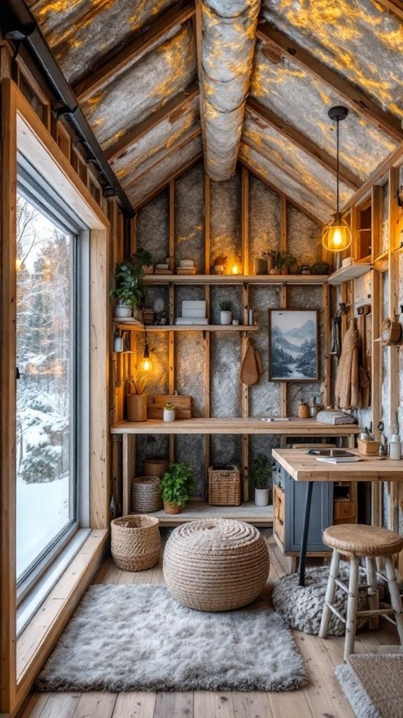 Cozy interior of a tiny house with smart insulation and warm lighting.