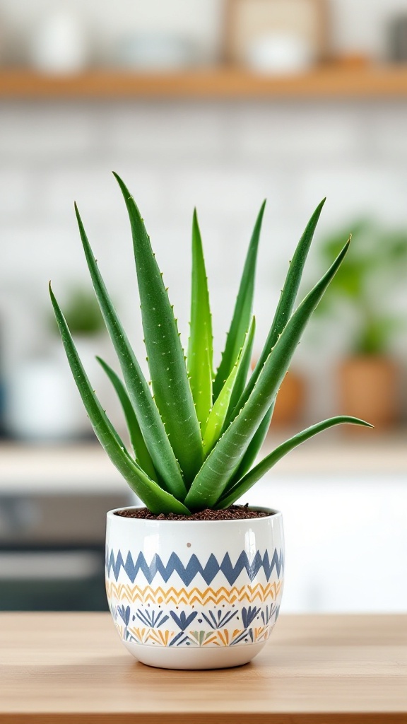 Aloe Vera plant in decorative pot on a kitchen counter