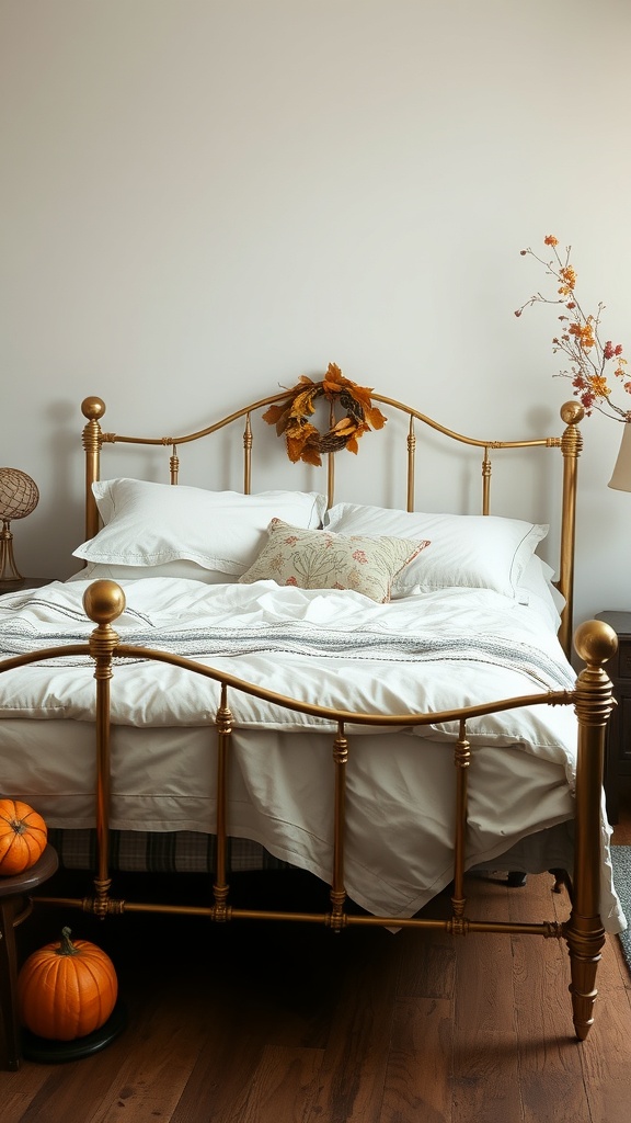 A cozy vintage bedroom featuring an antique brass bed frame, decorated with soft linens and autumn-themed accents.