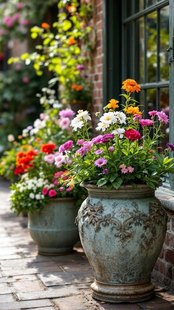 Antique garden planters filled with vibrant flowers on a patio